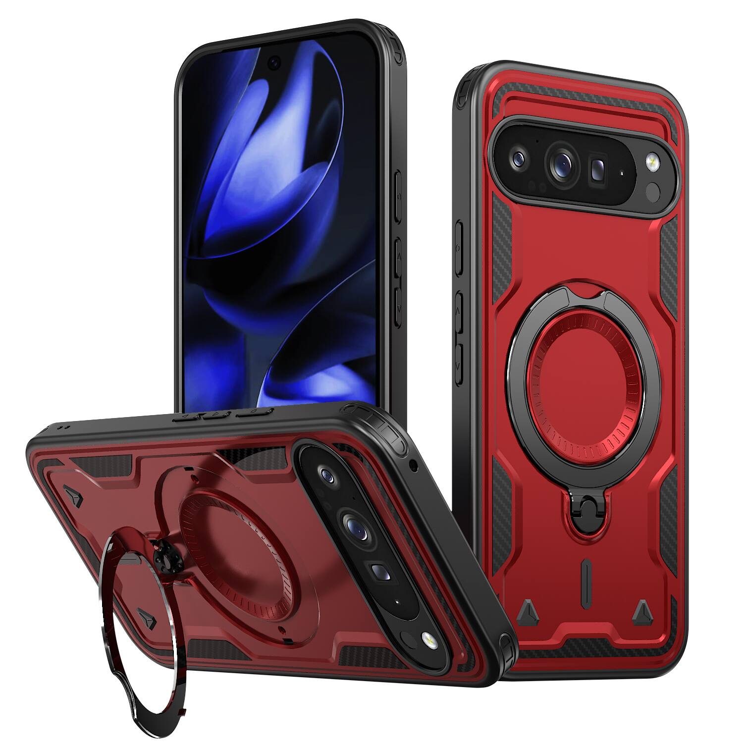 Front. Dteck - Rugged Ring Stand Case for Google Pixel 10 Pro XL,Shockproof Back Cover Dual-Layer Hard PC TPU Kickstand Case - Red.
