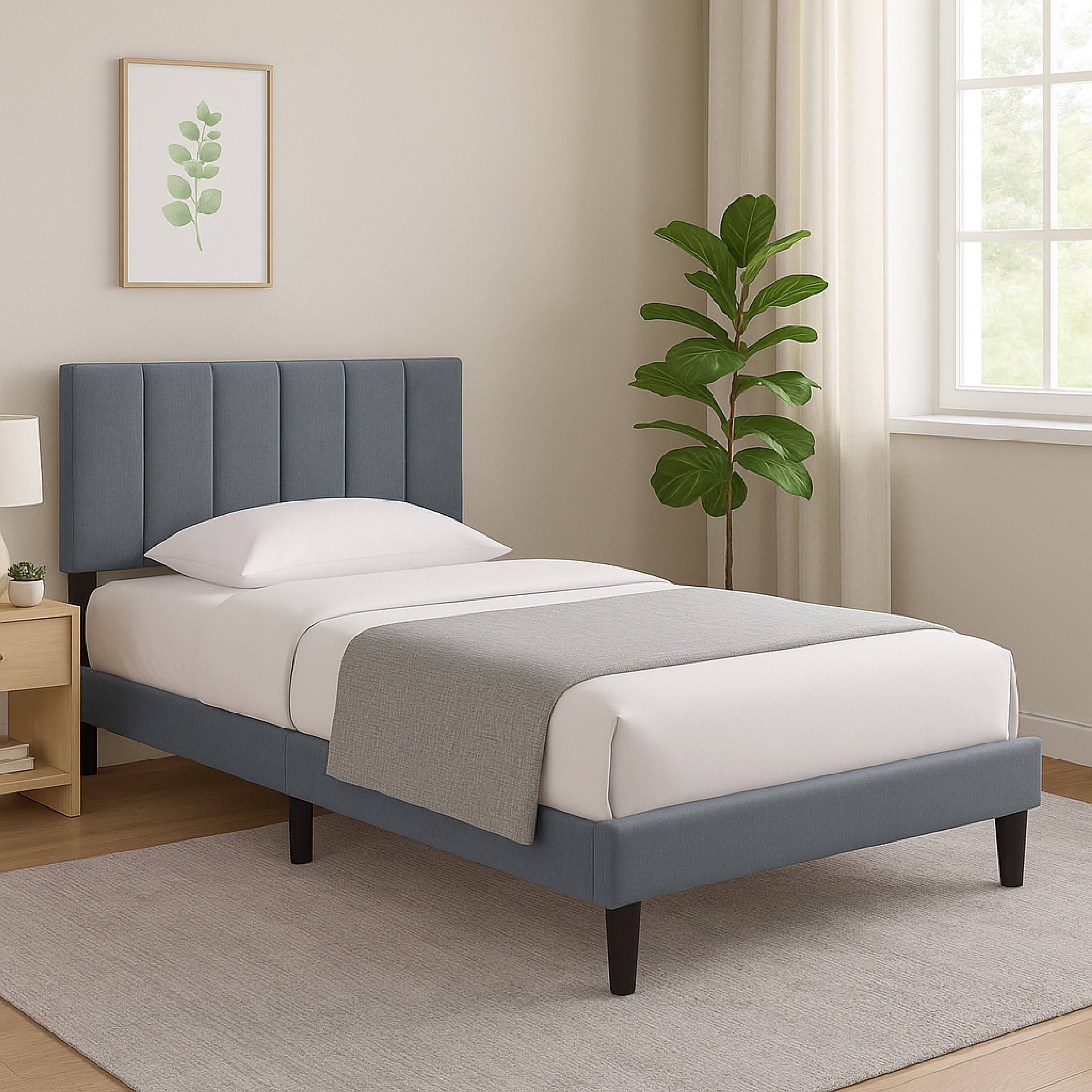 Alt View 2. Manhattan Lane - Lilian Full Bed, Soft Channel Tufted Charcoal Gray Linen Upholstery - Charcoal Gray, Black.