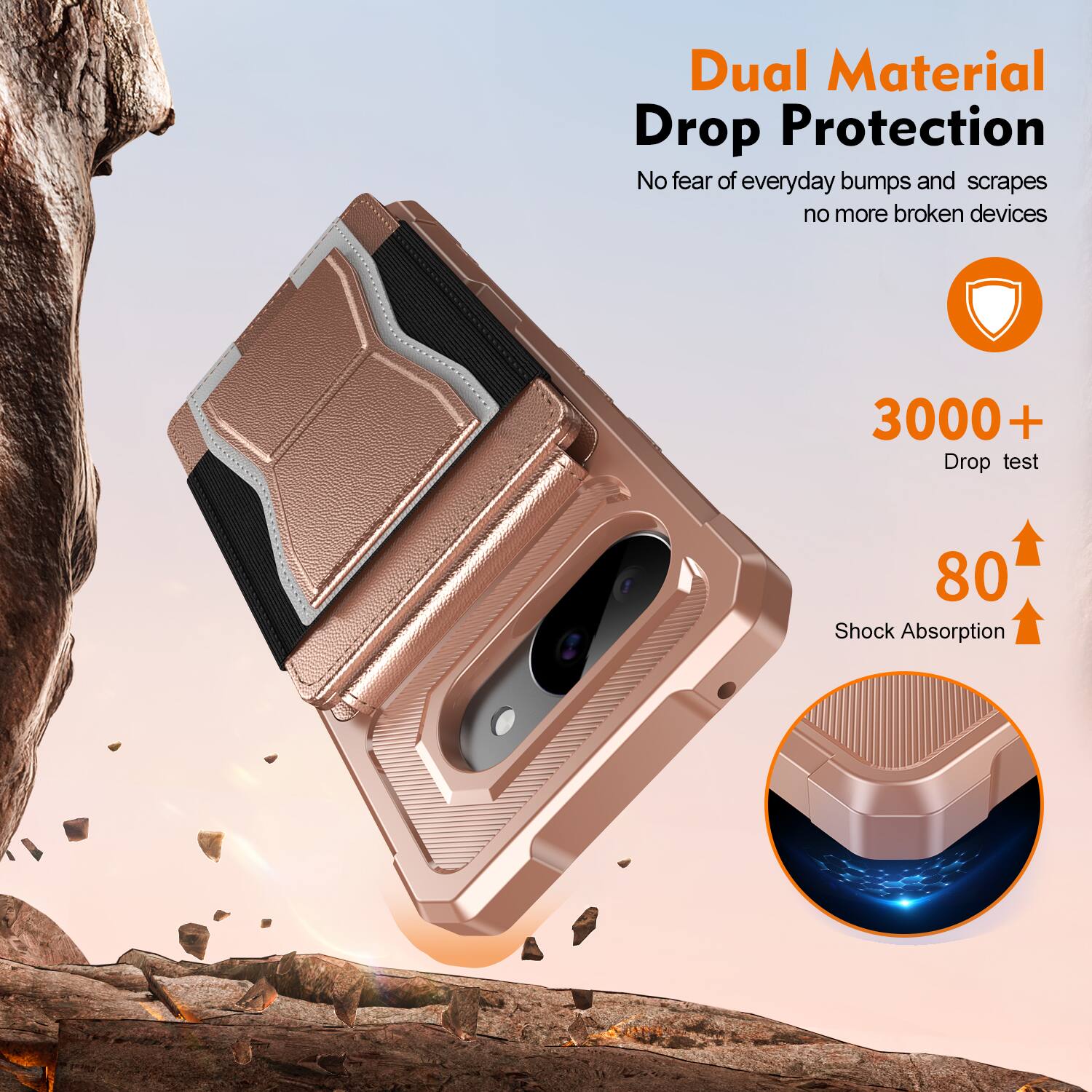 Dual Material Drop Protection  
No fear of everyday bumps and scrapes, no more broken devices  

3000+ Drop test  
80 Shock Absorption