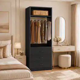 Aheaplus - 24" Freestanding Closet System,3 Wooden Drawers, Hanging Rod & Shelves - Space-Saving Organizer for Small Closets - Black