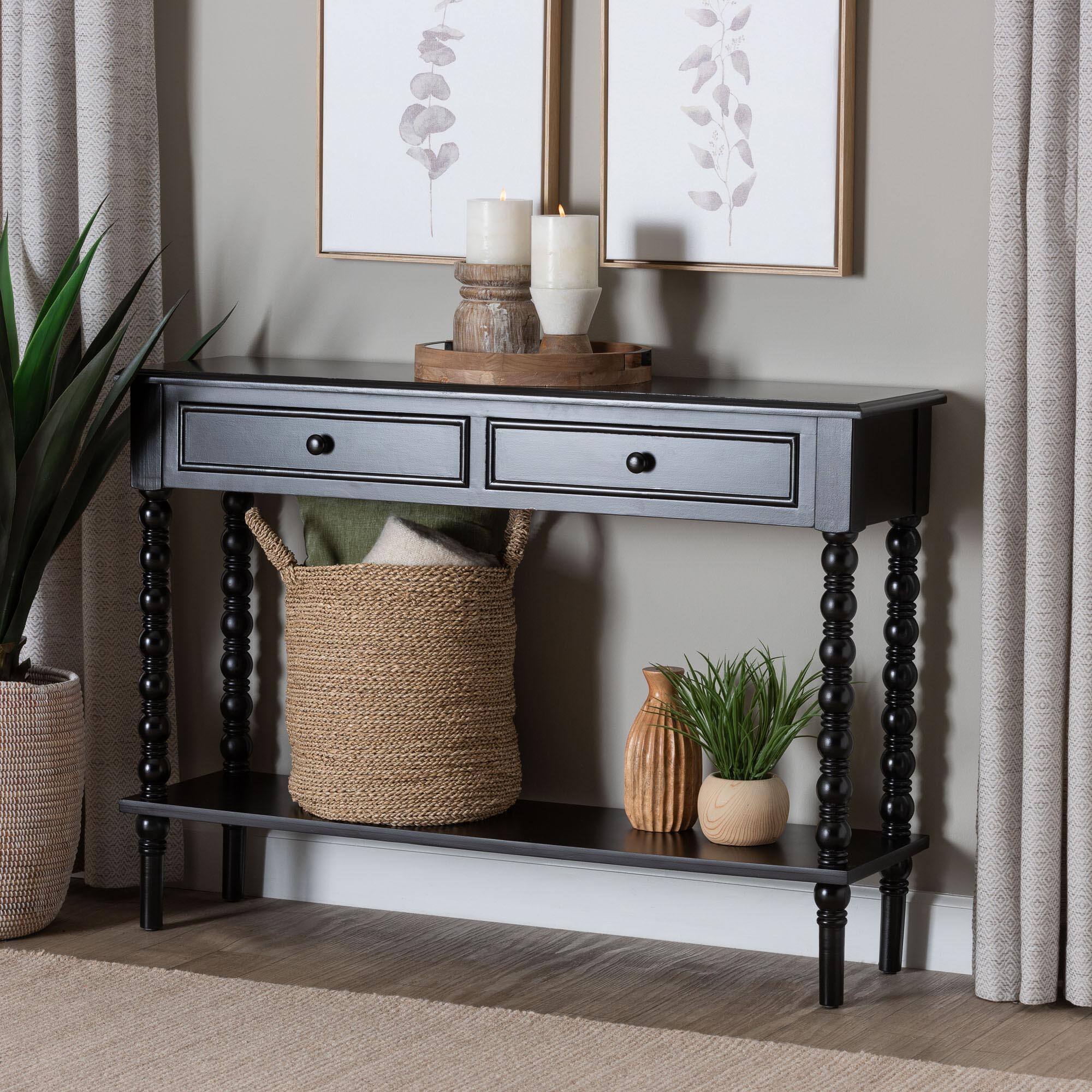 Alt View 5. Baxton Studio - Malinda Classic Wood 2-Drawer Console Table with Spindle Legs - Black.