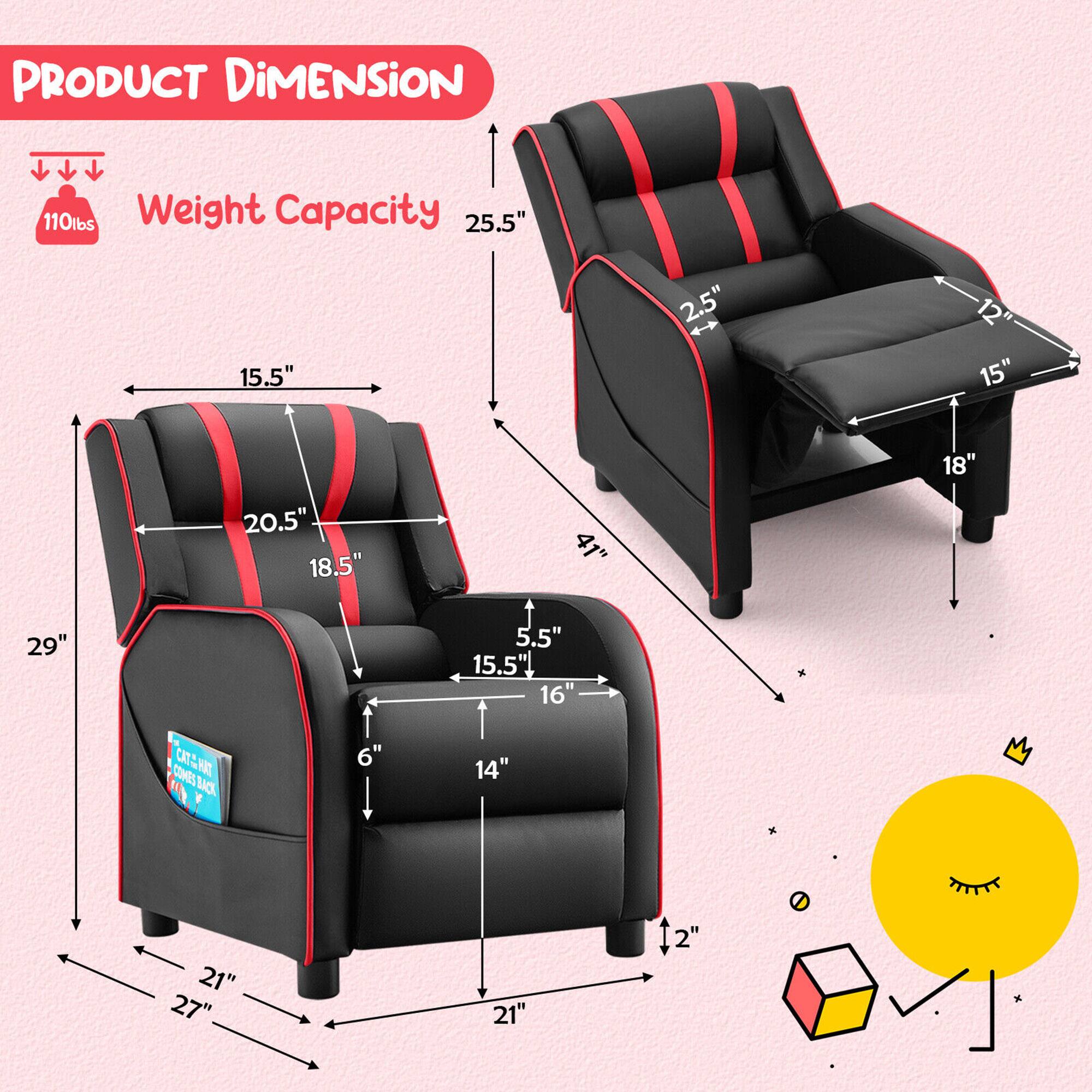 PRODUCT DIMENSION  
Weight Capacity: 110lbs  

- 25.5" (Height)  
- 15.5" (Width)  
- 2.5" (Armrest Thickness)  
- 12" (Seat Depth)  
- 15" (Seat Width)  
- 18" (Seat Height)  
- 20.5" (Back Height)  
- 18.5" (Back Width)  
- 41" (Overall Length)  
- 29" (Overall Width)  
- 5.5" (Cushion Thickness)  
- 15.5" (Cushion Width)  
- 16" (Cushion Height)  
- 21" (Base Length)  
- 27" (Base Width)  
- 2" (Leg Thickness)
