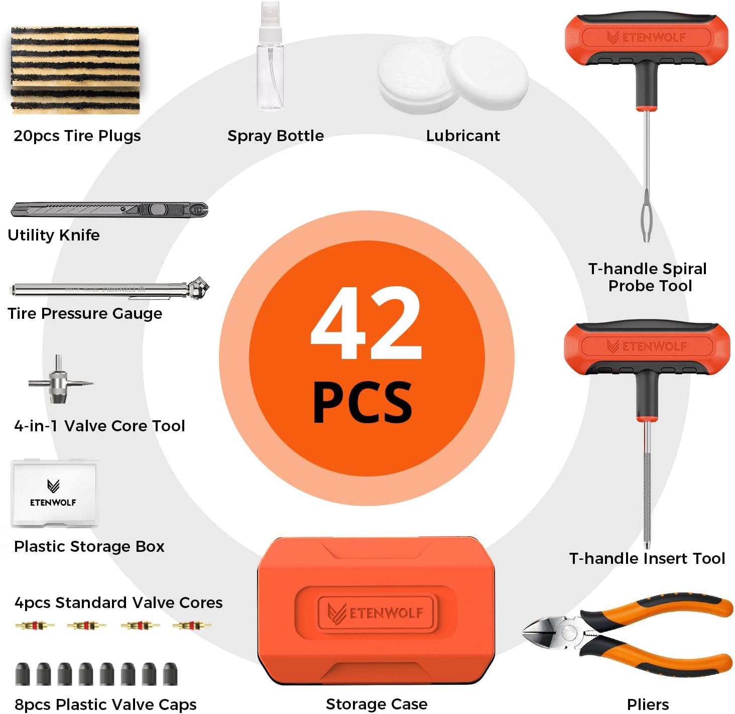 ETENWOLF 20pcs Tire Plugs Spray Bottle Lubricant Utility Knife Tire Pressure Gauge 4-in-1 Valve Core Tool 42 PCS T-handle Spiral Probe Tool ETENWOLF ETENWOLF Plastic Storage Box T-handle Insert Tool 4pcs Standard Valve Cores ETENWOLF 8pcs Plastic Valve Caps Storage Case Pliers