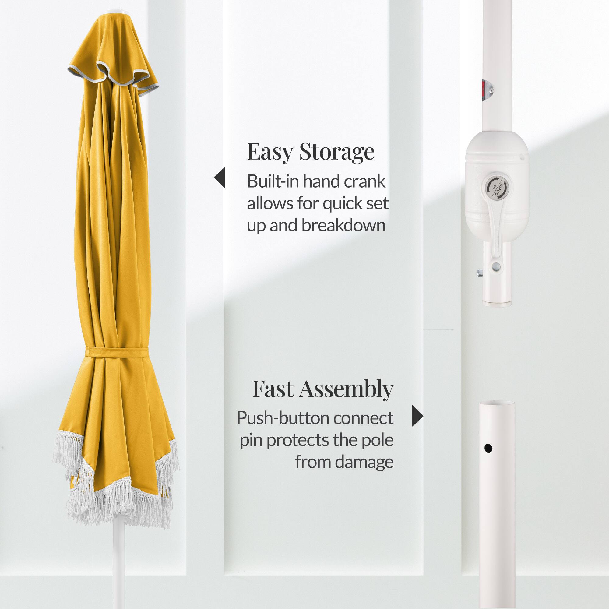 Easy Storage  
Built-in hand crank allows for quick set up and breakdown  

Fast Assembly  
Push-button connect pin protects the pole from damage