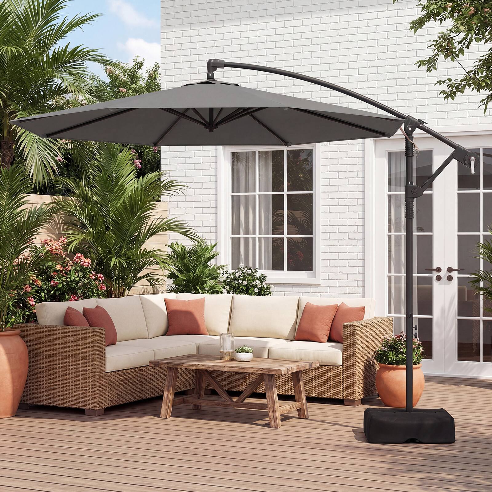 Alt View 3. Costway - Costway 10 FT Offset Hanging Umbrella with Base Patio Cantilever Umbrella 360° Rotation - Gray.