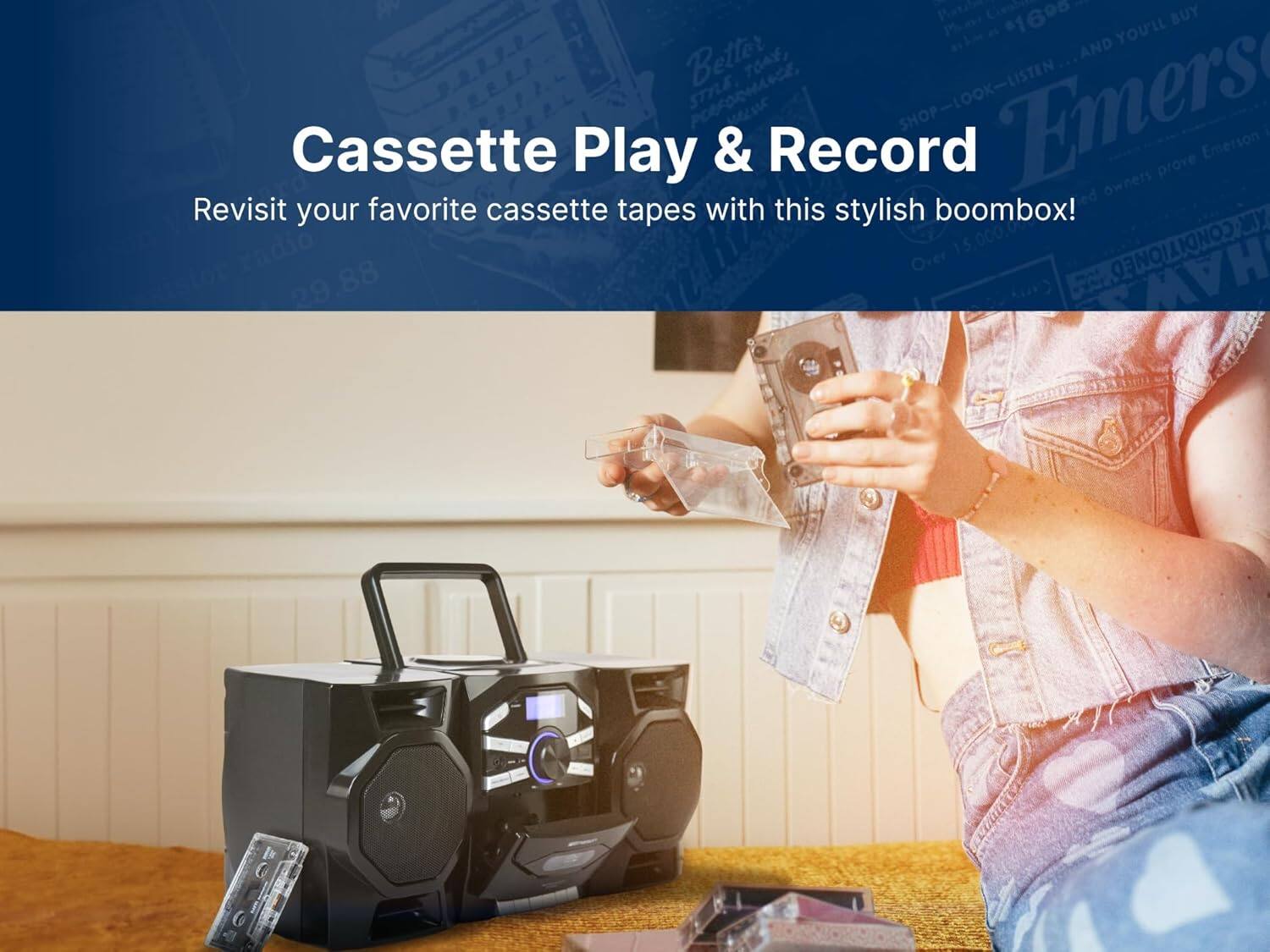 Cassette Play & Record  
Revisit your favorite cassette tapes with this stylish boombox!