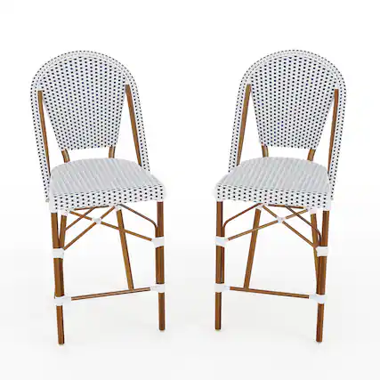 Front. Martha Stewart - Lily Pond 2PK All-Weather Stackable Patio Bistro Counter Stools - Navy & White/Natural Frame.