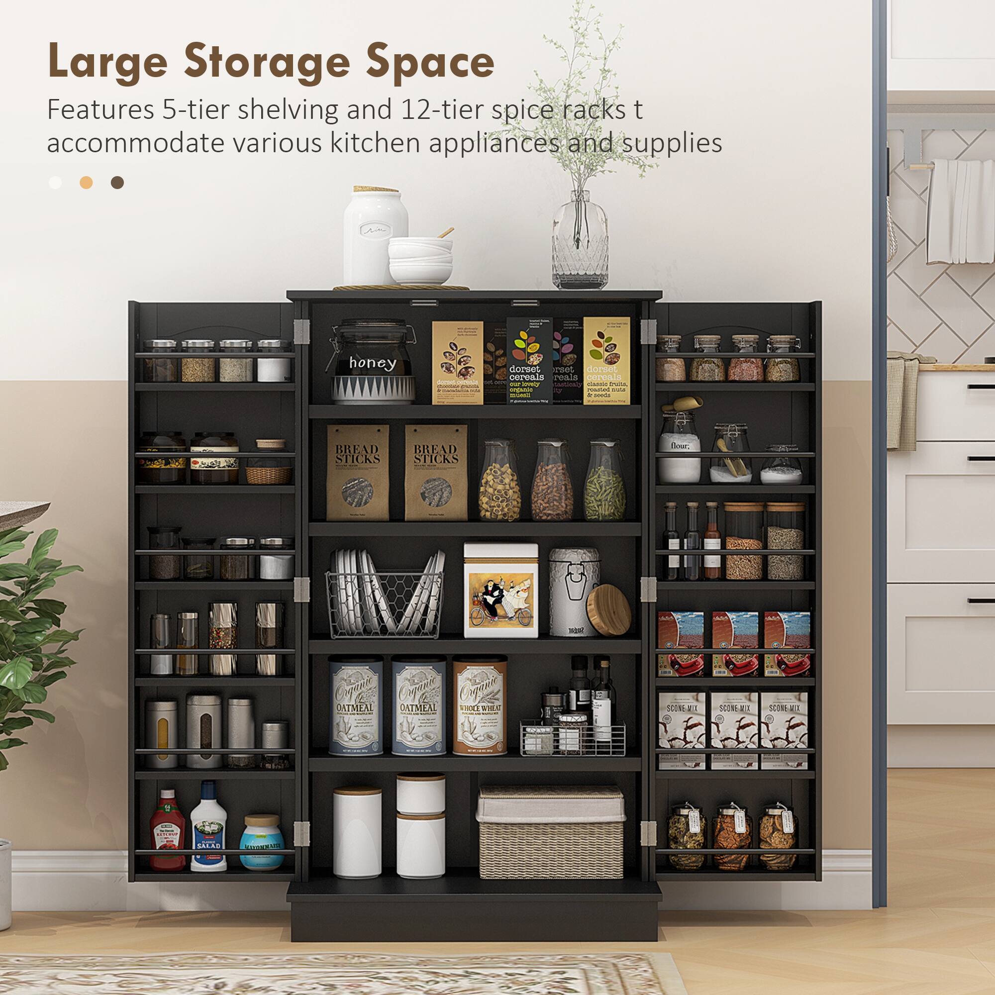 Large Storage Space
Features 5-tier shelving and 12-tier spice racks to accommodate various kitchen appliances and supplies

- 188 honey
- dorees
- dorvet
- cereala
- PeLiC
- ceTva
- iA
- RLER C
- 3d
- BREAD STICKS
- BREAD STICKS
- and
- S CATMEAL
- S CATMEAL
- A S
- VHES
- COM
- 1 T0O
- T00L
- NA
- KEEE
- E