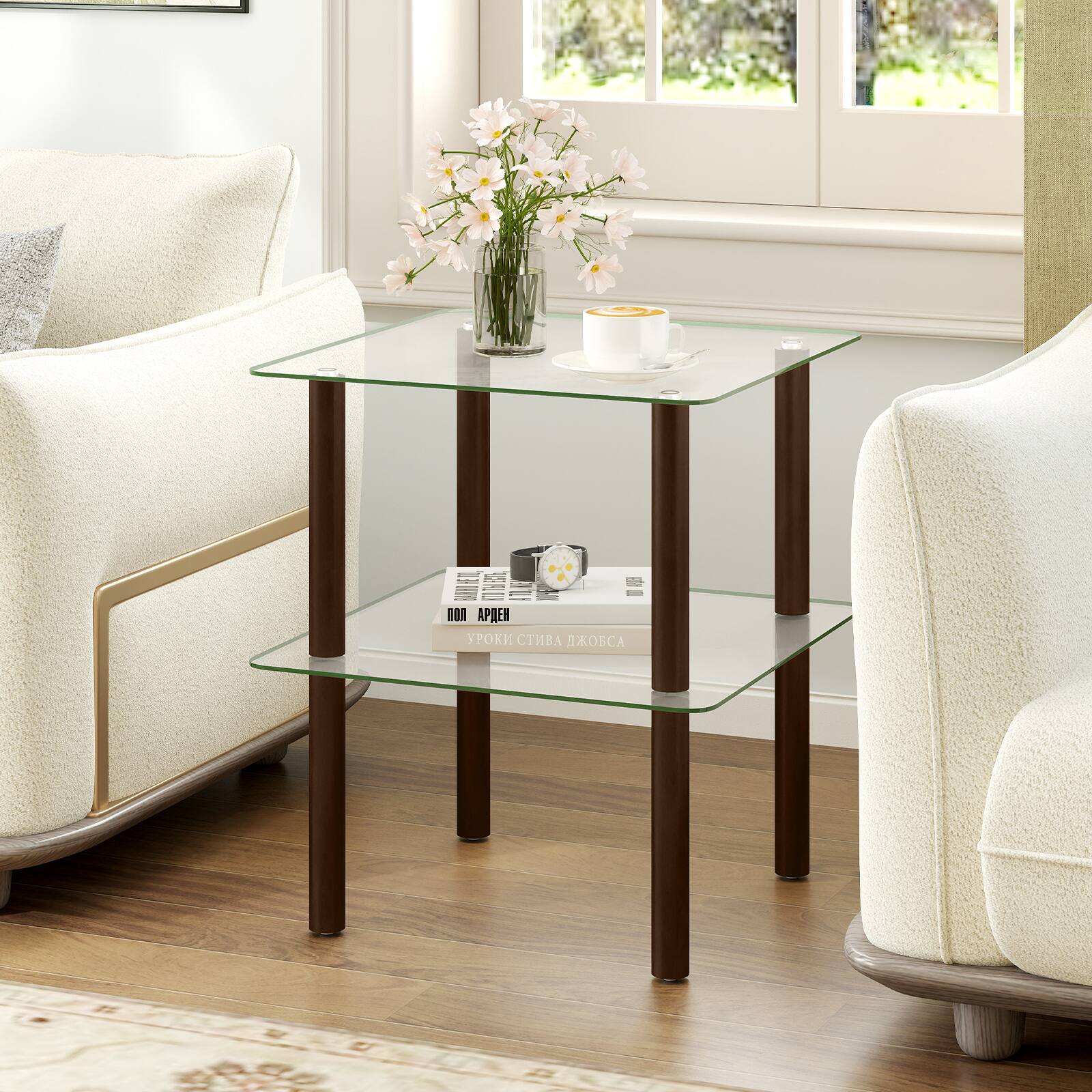 Alt View 1. Costway - Costway 2PCS Square End Table, 2-Tier Sofa Side Table with Clear Tempered Glass Top & Shelf - Clear & Brown.