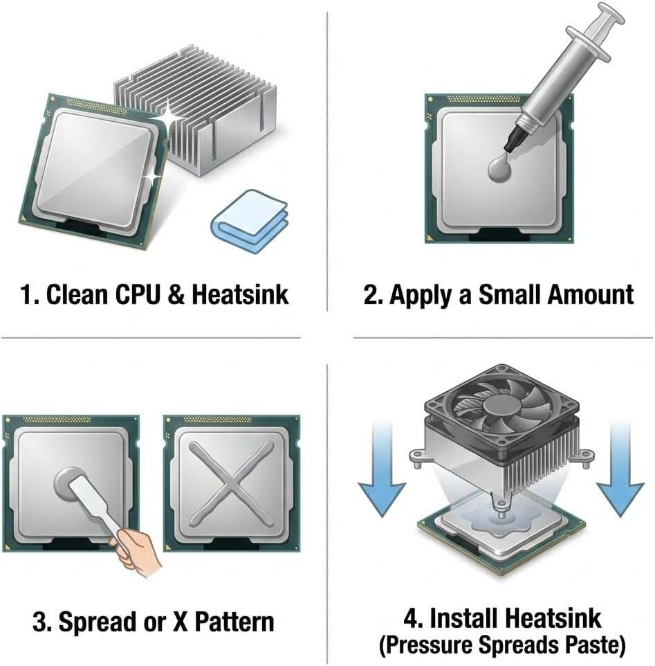 1. Clean CPU & Heatsink
2. Apply a Small Amount
3. Spread or X Pattern
4. Install Heatsink (Pressure Spreads Paste)