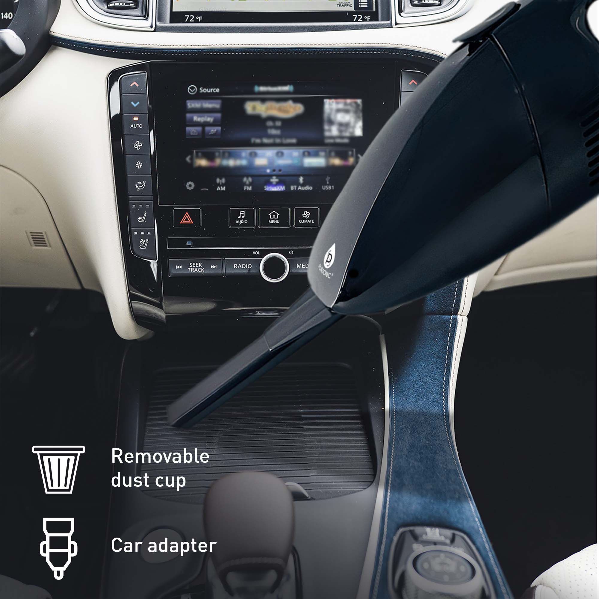 - Removable dust cup
- Car adapter