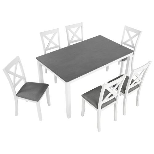 Alt View 5. LUCKY ONE - 7-Piece Dining Set with 58.5" Rectangular Dining Table and 6 X-shaped backrest Chairs - Grey,White.