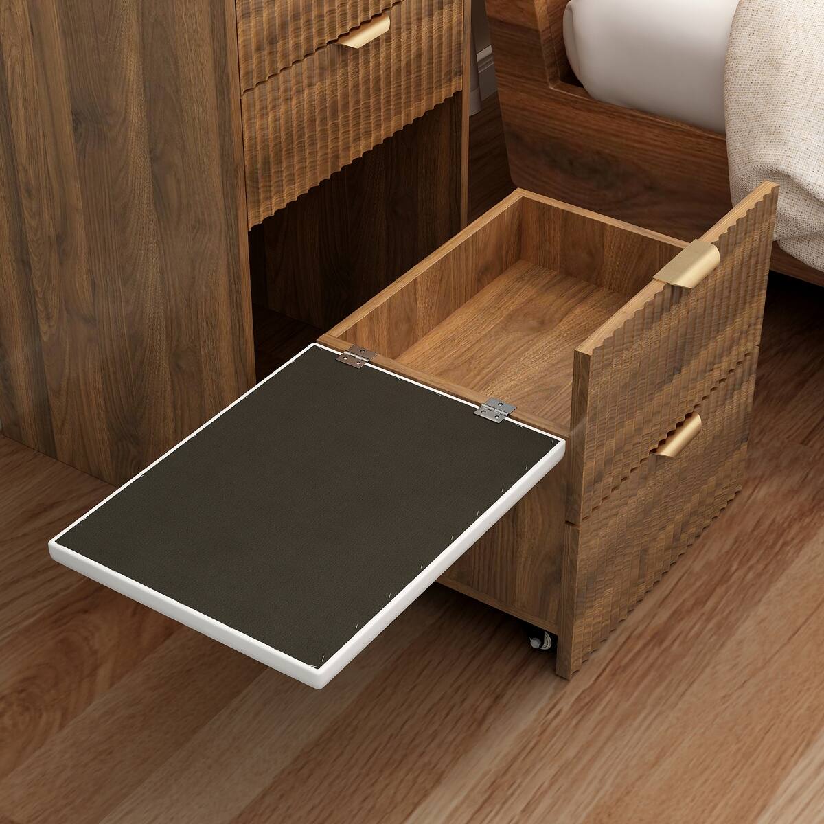 Alt View 10. Loheer - Loheer 3 in 1 Vanity Desk, Walnut MDF Makeup Table with Flip Top Mirror and Lights - Walnut.