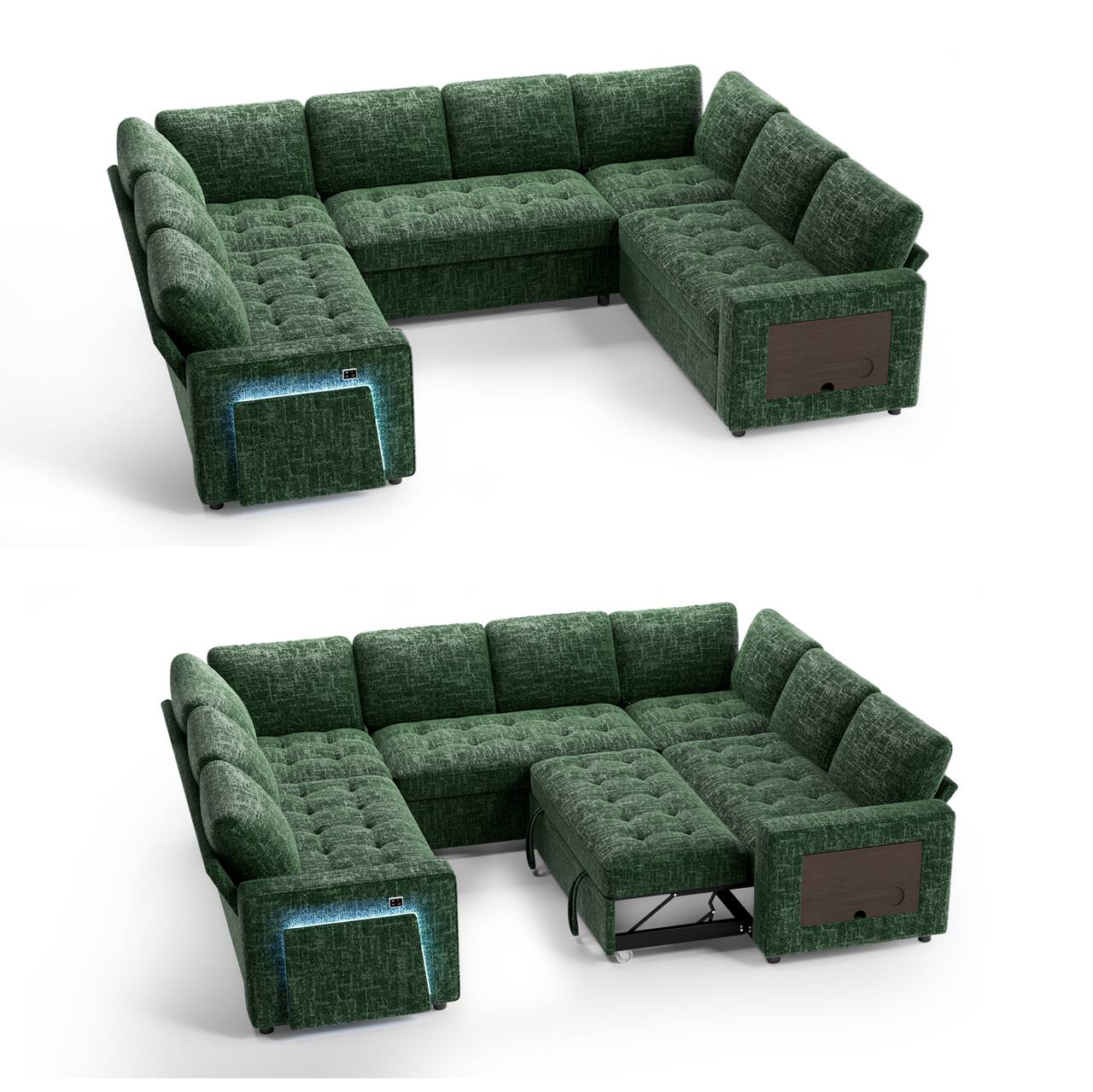 Alt View 5. Vipbear - 8 Seat U Shaped Modular Chenille Fabric Sofa with Pull Out Bed/Reclining Backrest/USB Ports/Table/LED Light/Storage Seat - Green.