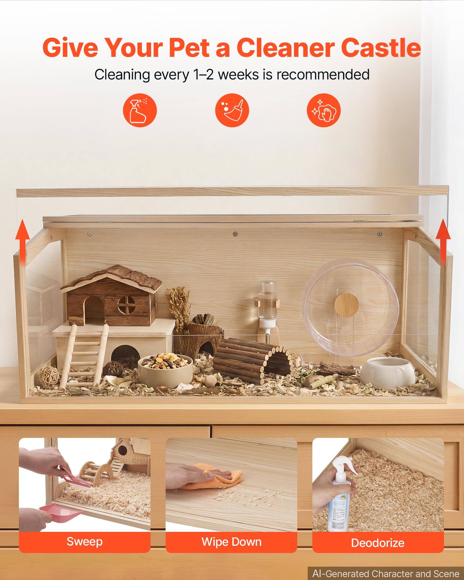 Give Your Pet a Cleaner Castle  
Cleaning every 1-2 weeks is recommended  
Sweep  
Wipe Down  
Deodorize  

AI-Generated Character and Scene