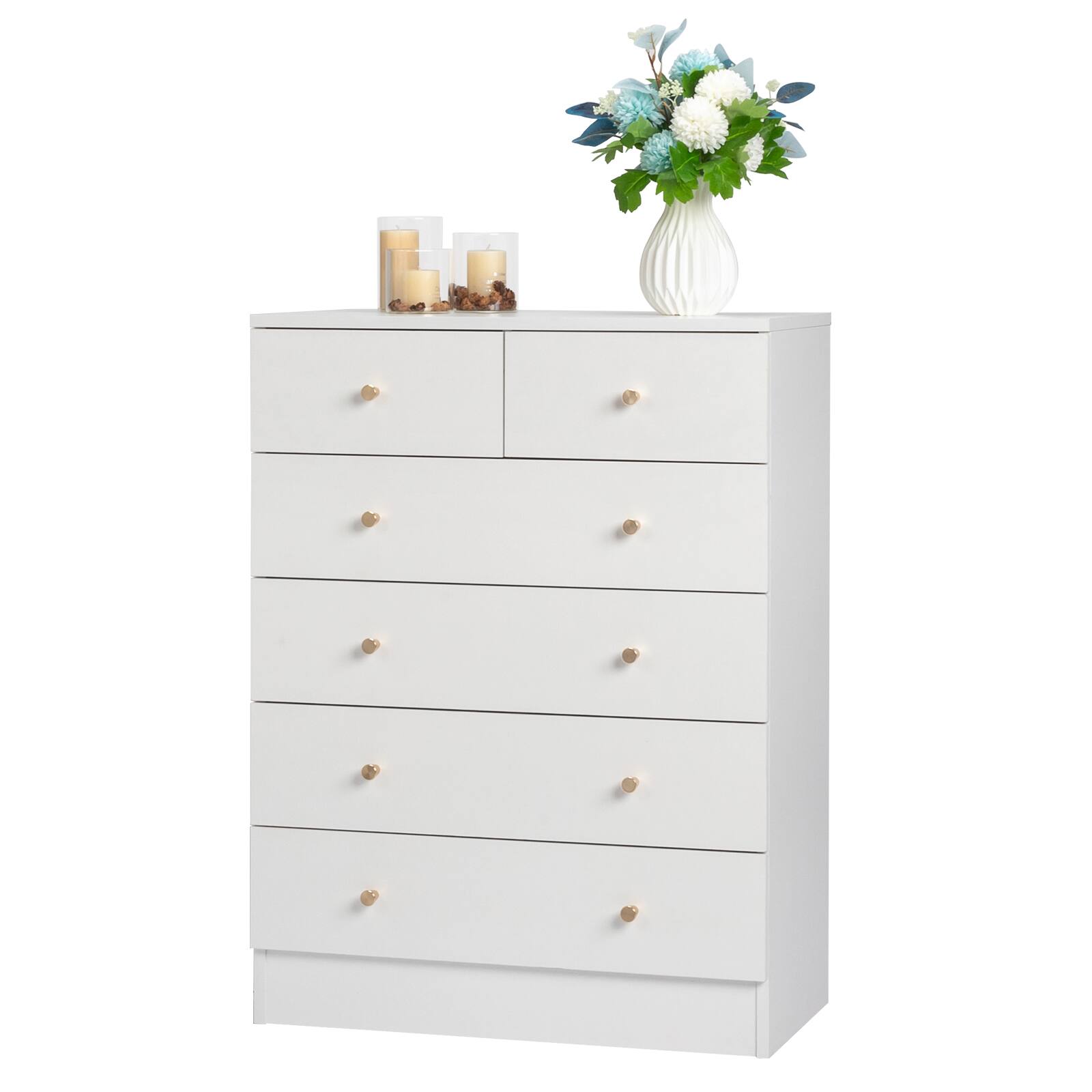 Angle. Kadyn - 6 Drawer Dresser with Gold Handle, Nursery Dresser Chest Of Drawers Organizer - White.