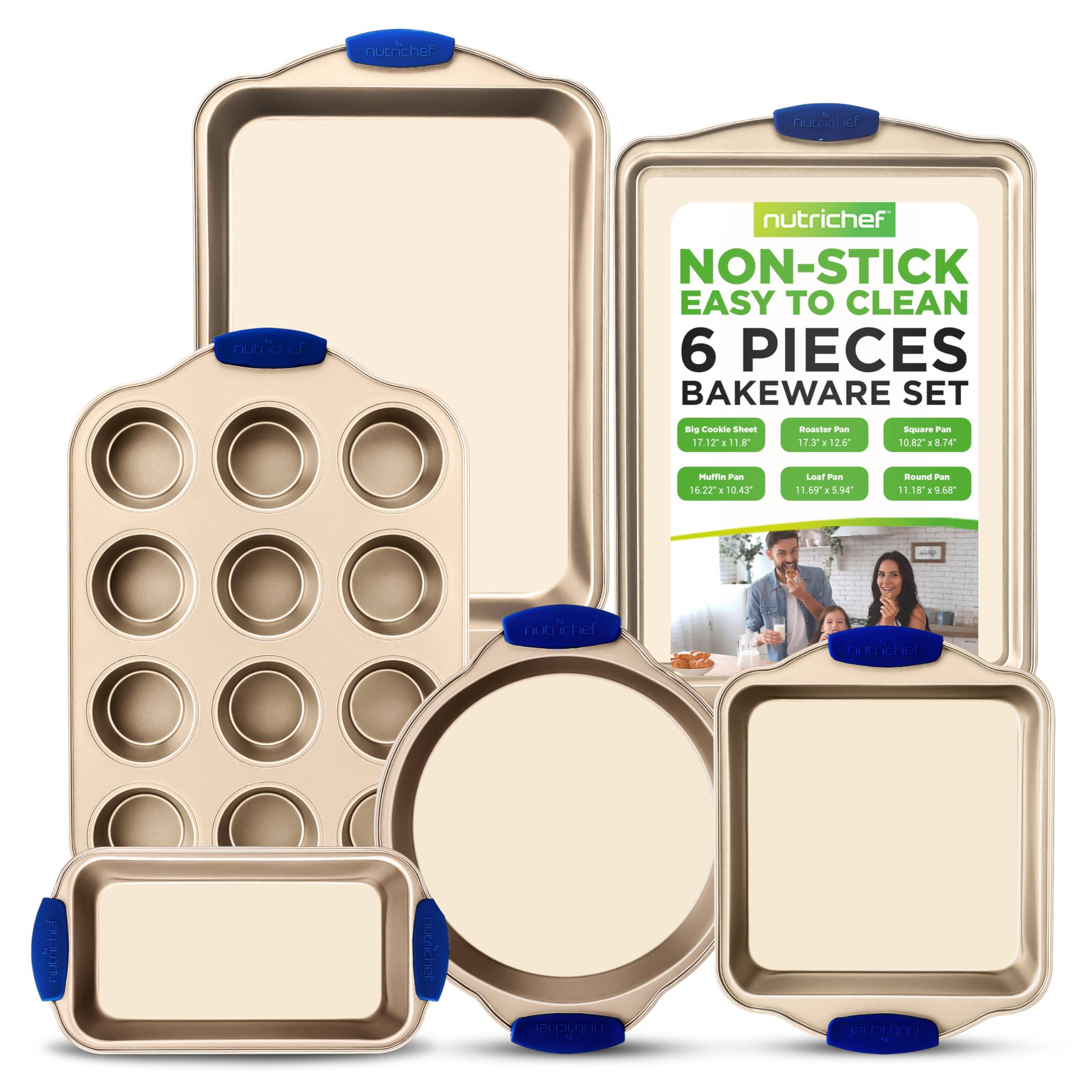 nutrichef NON-STICK EASY TO CLEAN 6 PIECES BAKEWARE SET Big Cookie Sheet 17.12 x 11.87" Roasting Pan 17.3 x 12.6" Square Pan 18.62 x 8.74" Muffin Pan 16.22 x 10.43" Loaf Pan 16.69 x 5.94" Round Pan 11.18 x 9.68"