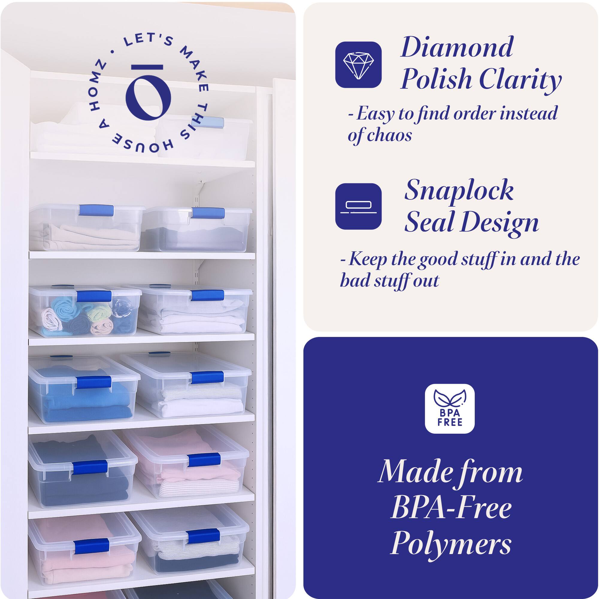 LET'S MAKE THIS HOUSE HOMZ

Diamond Polish Clarity
- Easy to find order instead of chaos

Snaplock Seal Design
- Keep the good stuff in and the bad stuff out

Made from BPA-Free Polymers