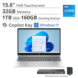 HP - 15.6" FHD TouchScreen Copilot Laptop,Intel Core i5 1334U,32GB RAM,1TB SSD+160GB Dock Station,Wi-Fi 6,Win 11 - Silver