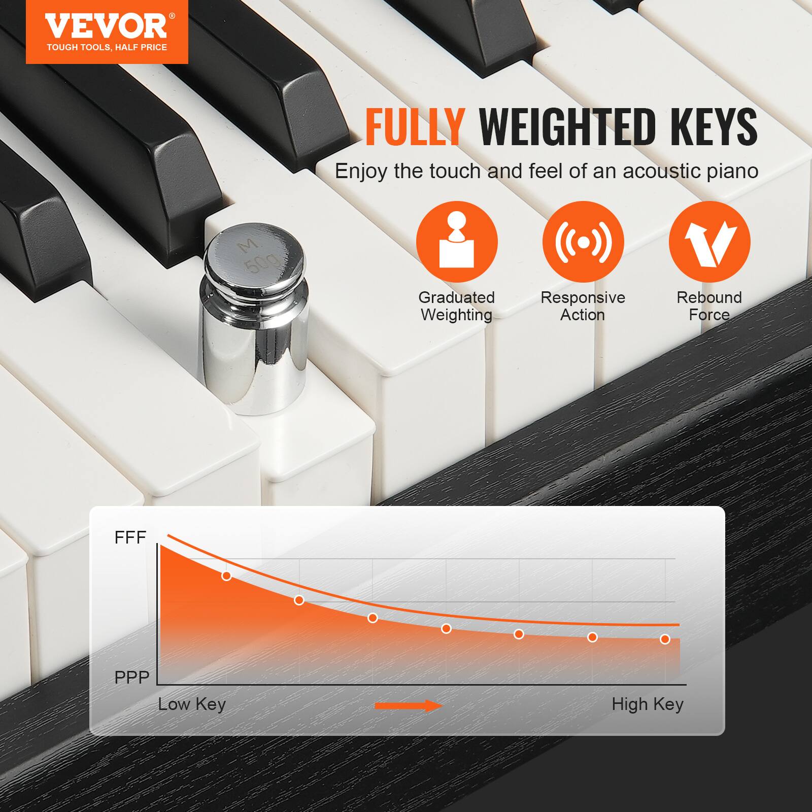 VEVOR  
TOUGH TOOLS, HALF PRICE  

FULLY WEIGHTED KEYS  
Enjoy the touch and feel of an acoustic piano  

- Graduated Weighting  
- Responsive Action  
- Rebound Force  

M 50g  

FFF  
PPP  
Low Key  
High Key