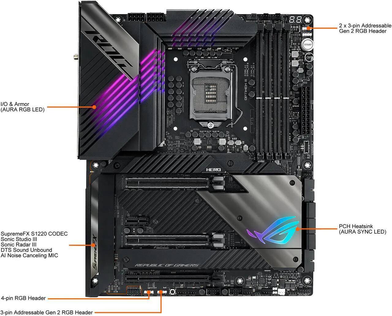 - 2 x 3-pin Addressable Gen 2 RGB Header
- I/O & Armor (AURA RGB LED)
- SupremeFX S1220 CODEC
- Sonic Studio III
- Sonic Radar III
- DTS Sound Unbound
- AI Noise Canceling MIC
- 4-pin RGB Header
- 3-pin Addressable Gen 2 RGB Header
- PCH Heatsink (AURA SYNC LED)