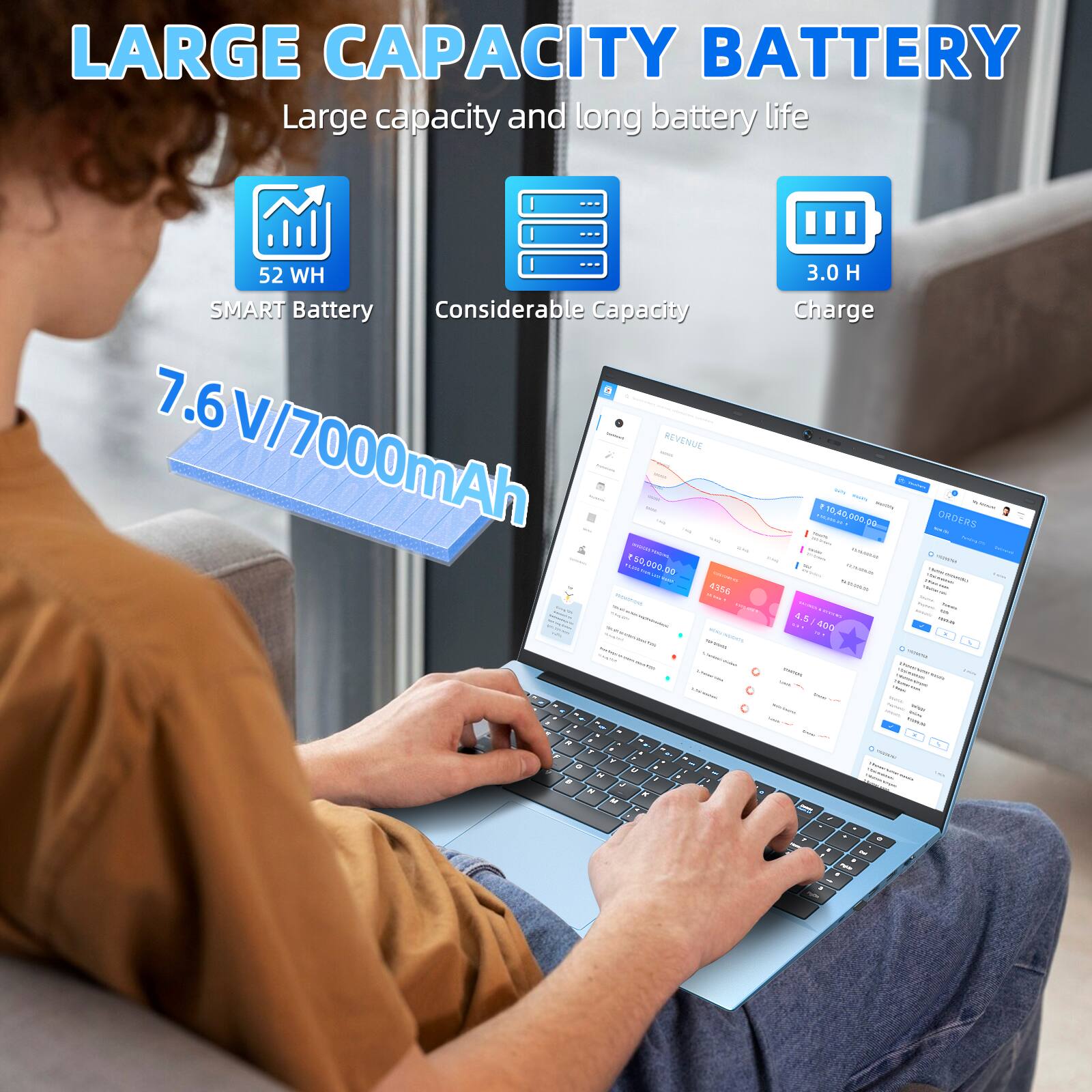LARGE CAPACITY BATTERY  
Large capacity and long battery life  

52 WH  
SMART Battery  

Considerable Capacity  

7.6 V/7000mAh  

3.0 H Charge