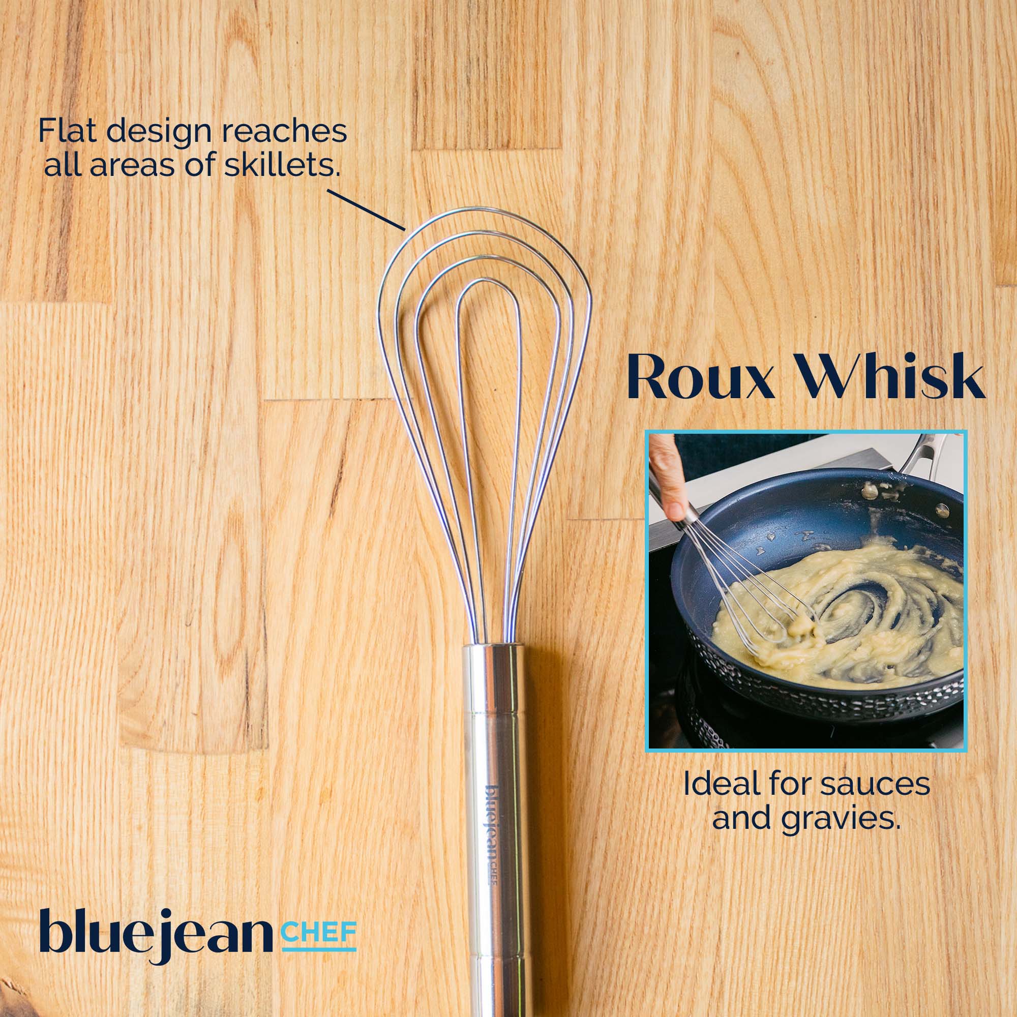 Flat design reaches all areas of skillets.

Roux Whisk

Ideal for sauces and gravies.

bluejean CHEF