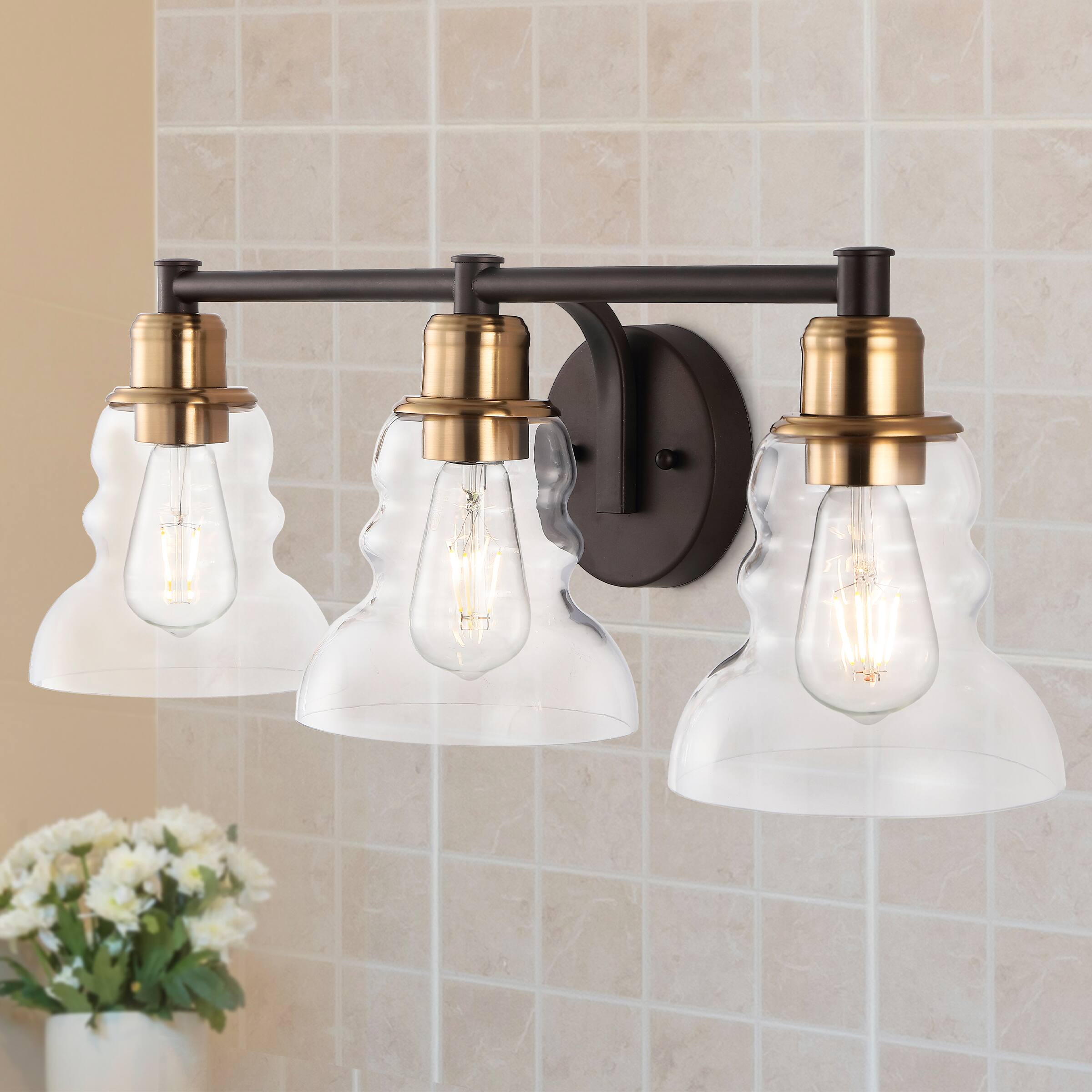 Alt View 1. Jonathan Y - Manhattan Vintage 25.5" 3-Light Metal/Glass Industrial Rustic LED Vanity, Brass Gold/Oil Rubbed Bronze - Brass Gold/Oil Rubbed Bronze.