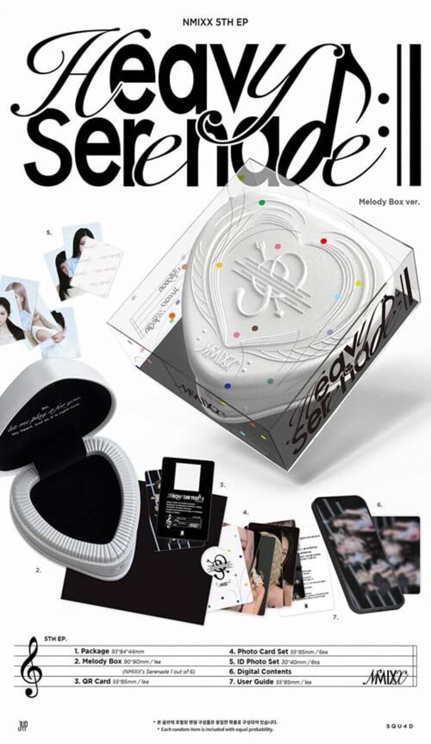 NMIXX 5TH EP  
Heavy Serenade II  
Melody Box ver.  

1. Package 9384-44mm  
2. Melody Box 9090mm  
3. QR Card 55*85mm  
4. Photo Card Set 55*85mm  
5. ID Photo Set 30*40mm  
6. Digital Contents  
7. User Guide 55*85mm  

Each item comes with equal probability.  
SQUAD