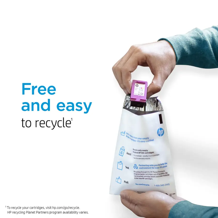 "Free and easy to recycle" is a slogan that encourages people to recycle their HP ink cartridges. The image shows a person holding a bag of HP ink cartridges, emphasizing the ease of recycling them. The HP recycling Planet Partners program is available to help keep cartridges out of landfills and promote environmental sustainability. To recycle your cartridges, visit hp.com/go/recycle or call 1-800-340-2445.