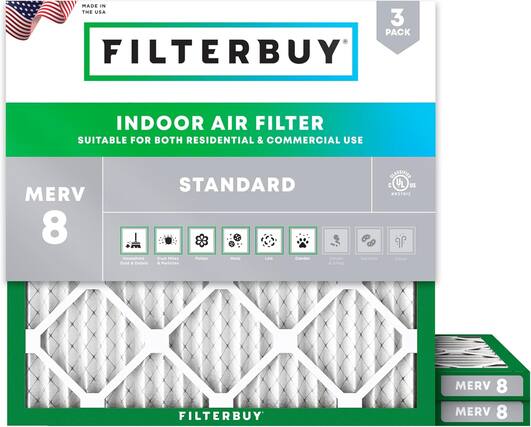 MADE IN THE USA
3 PACK FILTERBUY INDOOR AIR FILTER
SUITABLE FOR BOTH RESIDENTIAL & COMMERCIAL USE
MERV 8
STANDARD
Household Dust & Debris
Dust Mites & Particles
Pollen
Mold
Lint
Dander
Smoke & Soot
Bacteria
Odors
FILTERBUY
MERV 8
MERV 8