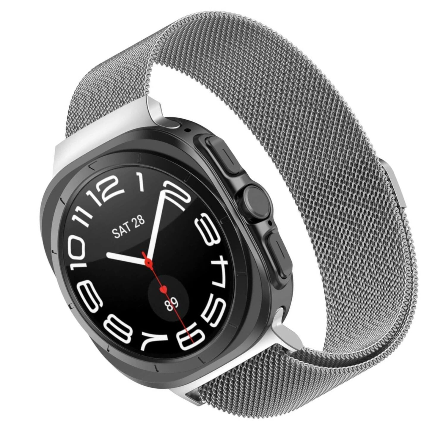 Left. Stock Preferred - Mesh Stainless Steel Band for Samsung Galaxy Watch Ultra 47mm - Silver - Silver.