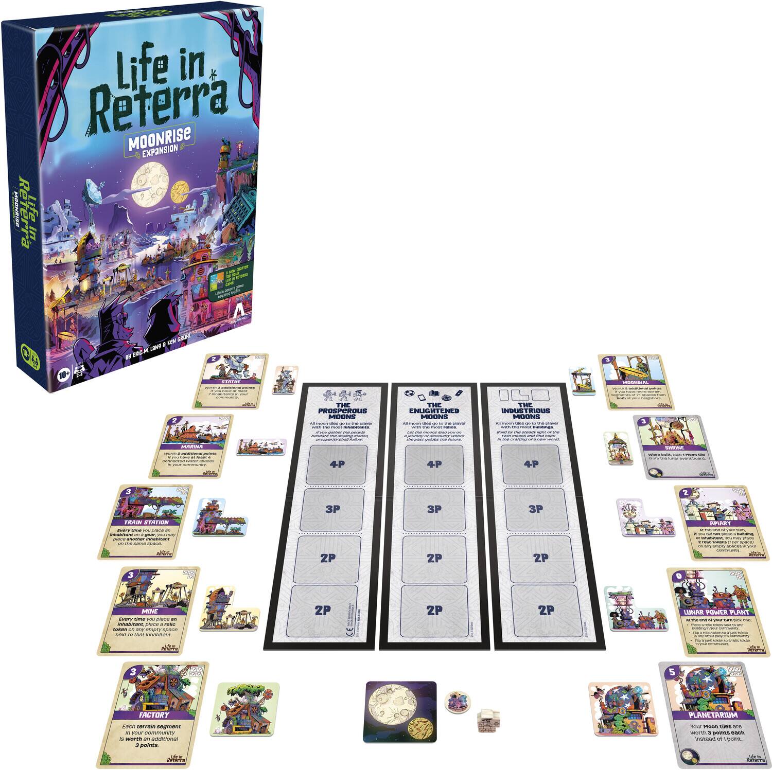 Life in Reterra  
MOONRISE EXPANSION  

Reterra Life in A - LUE LEE 1 F DNC 10  

- I FH PROSPOROLES PUUNS  
- THE ENLIGHTENED MOSLOS  
- THE ENIGMIOUS MIOLINS  

- 4P 4P 4P  
- 3P 3P 3P FRAI FIATIN  
- 2P 2P ZP MNE  
- PLANETARI Lanh  
- SArE OE WoT  

- 2P 2P 2P  
- 3P 3P 3P  
- 4P 4P 4P  

- THE PRIME MOONS  
- THE INDIGENOUS MOONS  
- THE ENIGMIOUS MOONS  

- 4P 3P 2P 2P  
- 4P 3P 2P 2P  
- 4P 3P 2P 2P  

- MINE  
- TRAIN STATION  
- FACTORY  
- UNA POWER PLANT  
- PLANETARIUM  

- 3  
- 3  
- 3  
- 