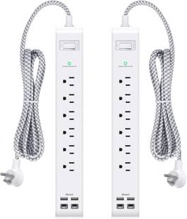 FINEAK - 2 Pack Power Strip Surge Protector, 6 Outlets 4 USB Ports (2 USB C) 5Ft Long Extension Cords - White