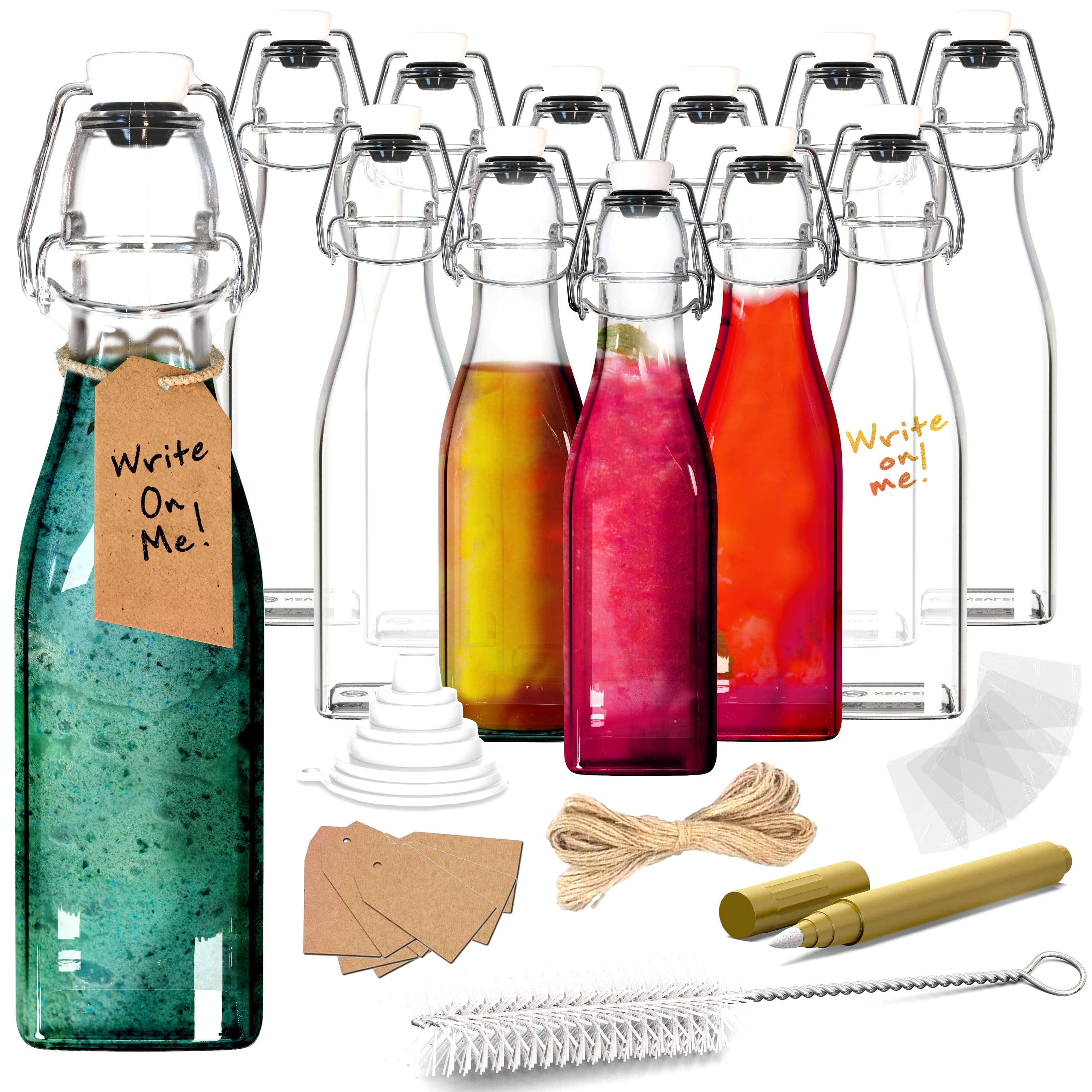 Nevlers - 12 Oz. Square Swing Top Glass Bottles with Bottle Brush, Funnel, Tags, Shrink Wrap and Marker (Set of 12) - Clear