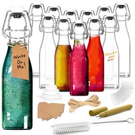 Nevlers - 12 Oz. Square Swing Top Glass Bottles with Bottle Brush, Funnel, Tags, Shrink Wrap and Marker (Set of 12) - Clear