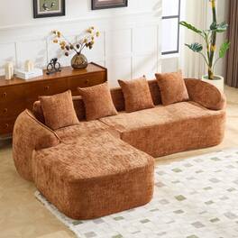 Anysun - Chenille L-Shape Compressed Sofa - High-Elastic Sponge, Curved Armrests & 4 Throw Pillows for Living Room - Orange