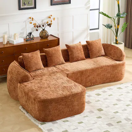 Front. Anysun - Chenille L-Shape Compressed Sofa - High-Elastic Sponge, Curved Armrests & 4 Throw Pillows for Living Room - Orange.