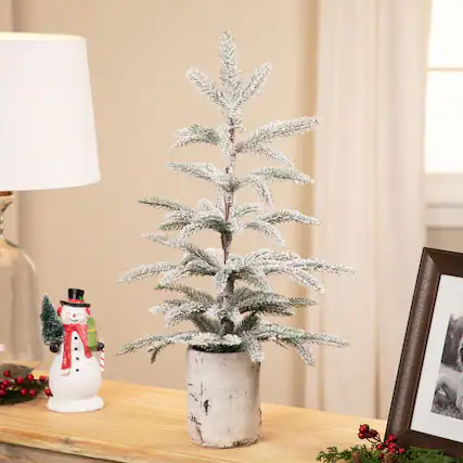 Front. Northlight - Heavily Flocked Potted Artificial Christmas Sprucetree - 24" - Unlit - Green.