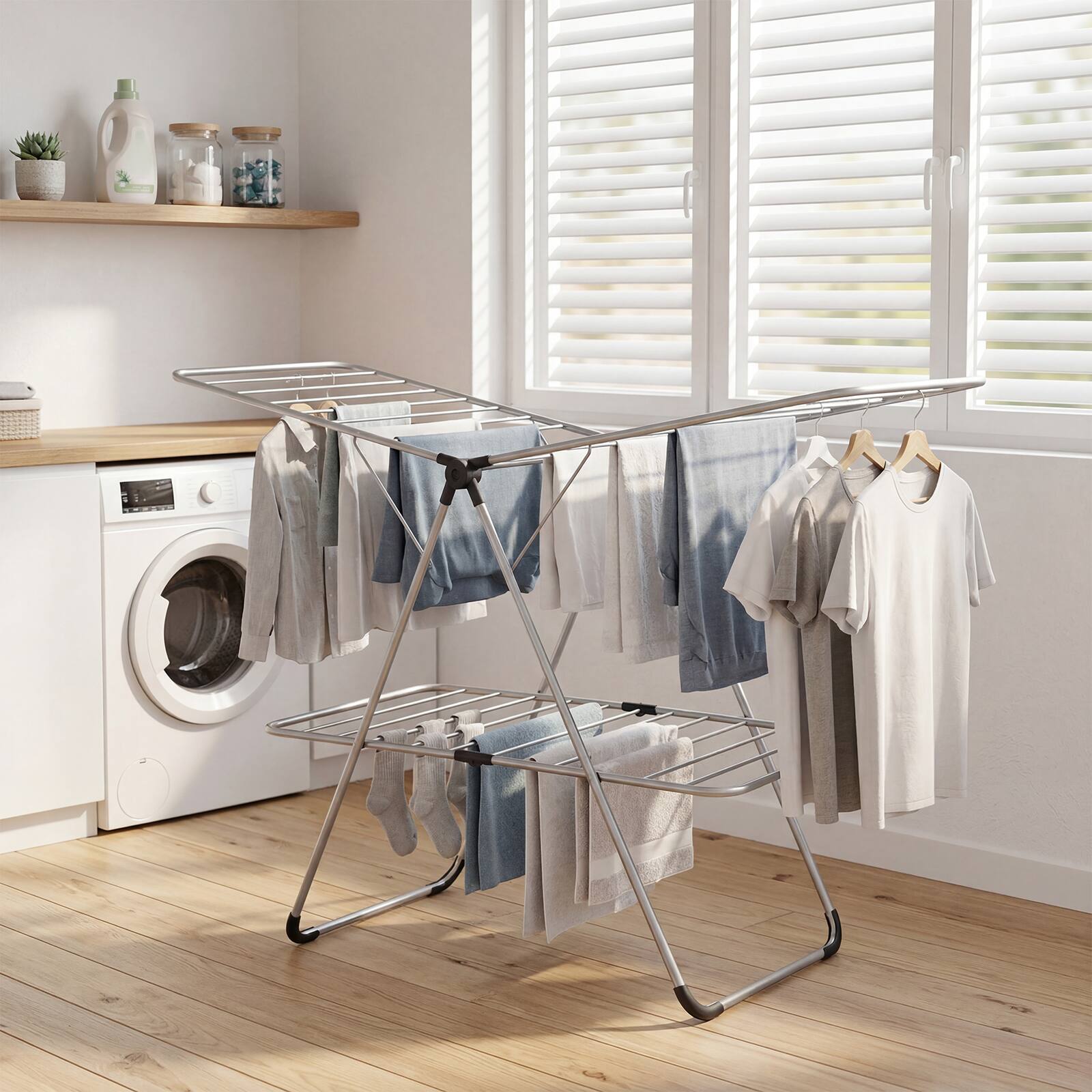 Alt View 3. Costway - Costway Clothes Drying Rack Foldable 2-Level Laundry Airer with Adjustable Wings - Silver.