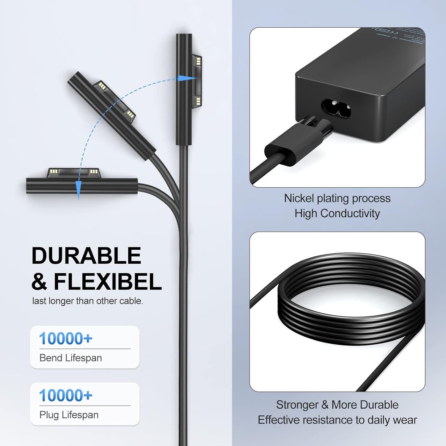 Nickel plating process High Conductivity  
DURABLE & FLEXIBLE  
last longer than other cable.  
10000+ Bend Lifespan  
10000+ Plug Lifespan  
Stronger & More Durable  
Effective resistance to daily wear