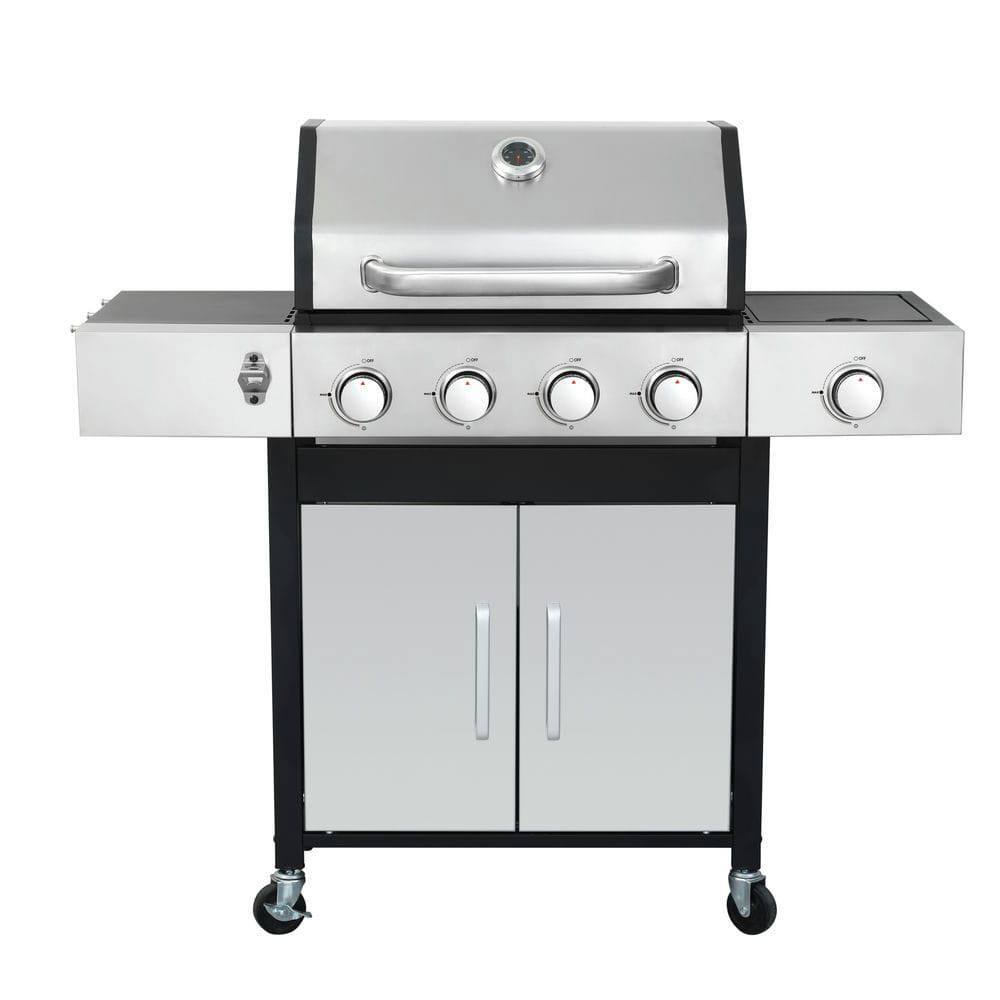 Angle. Resenkos - 4-Burner Propane Gas BBQ Grill with Side Burner, 46790BTU Output With Enameled Cast Iron Cooking Grids, Stainless Steel.