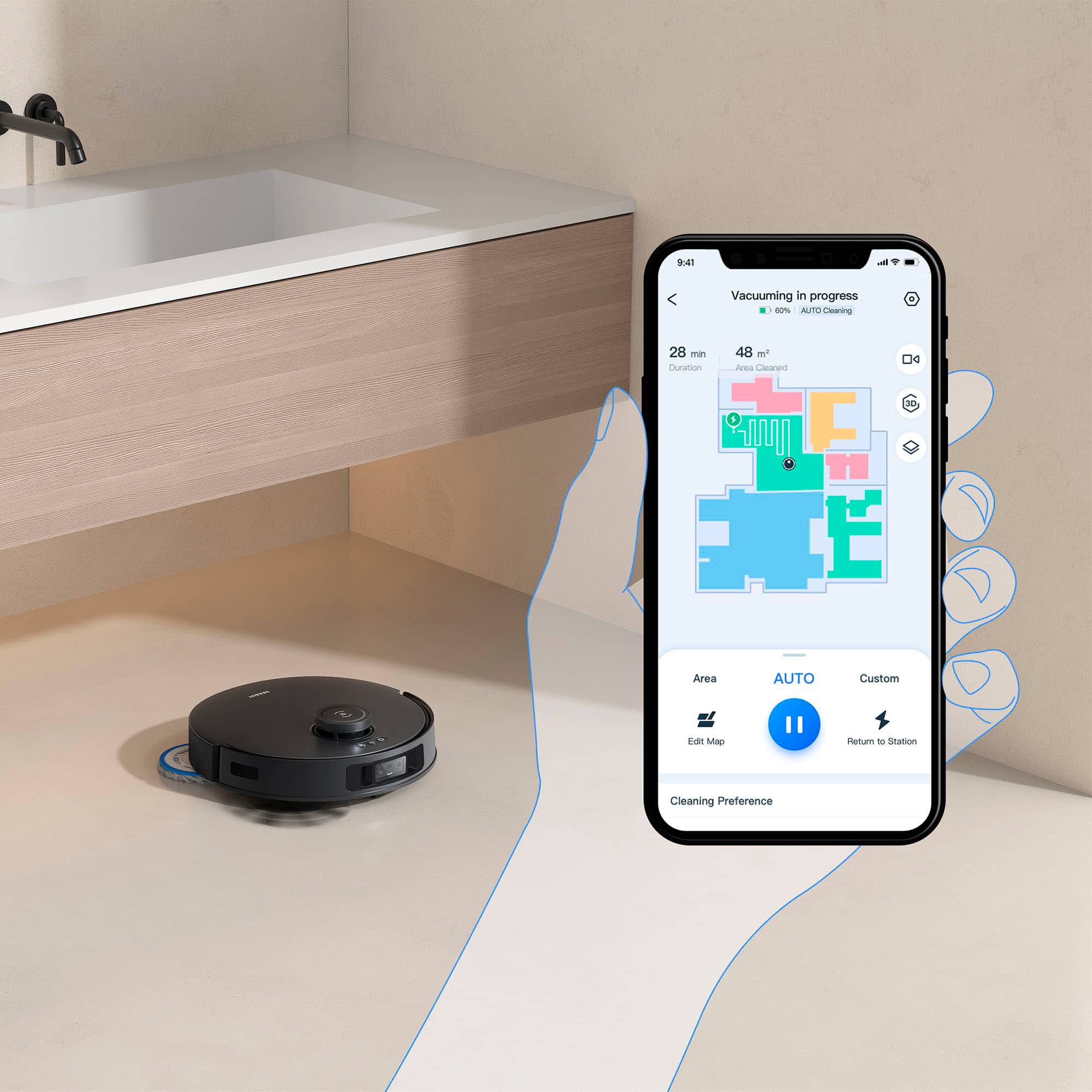 Vacuuming in progress. Area: 28 m2. Cleaning progress: 48%. Cleaning preference: AUTO. Custom Edi Mac.