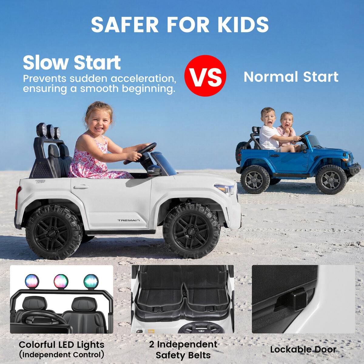 SAFER FOR KIDS

Slow Start Prevents sudden acceleration, ensuring a smooth beginning.

VS

Normal Start

Colorful LED Lights (Independent Control)

2 Independent Safety Belts

Lockable Door