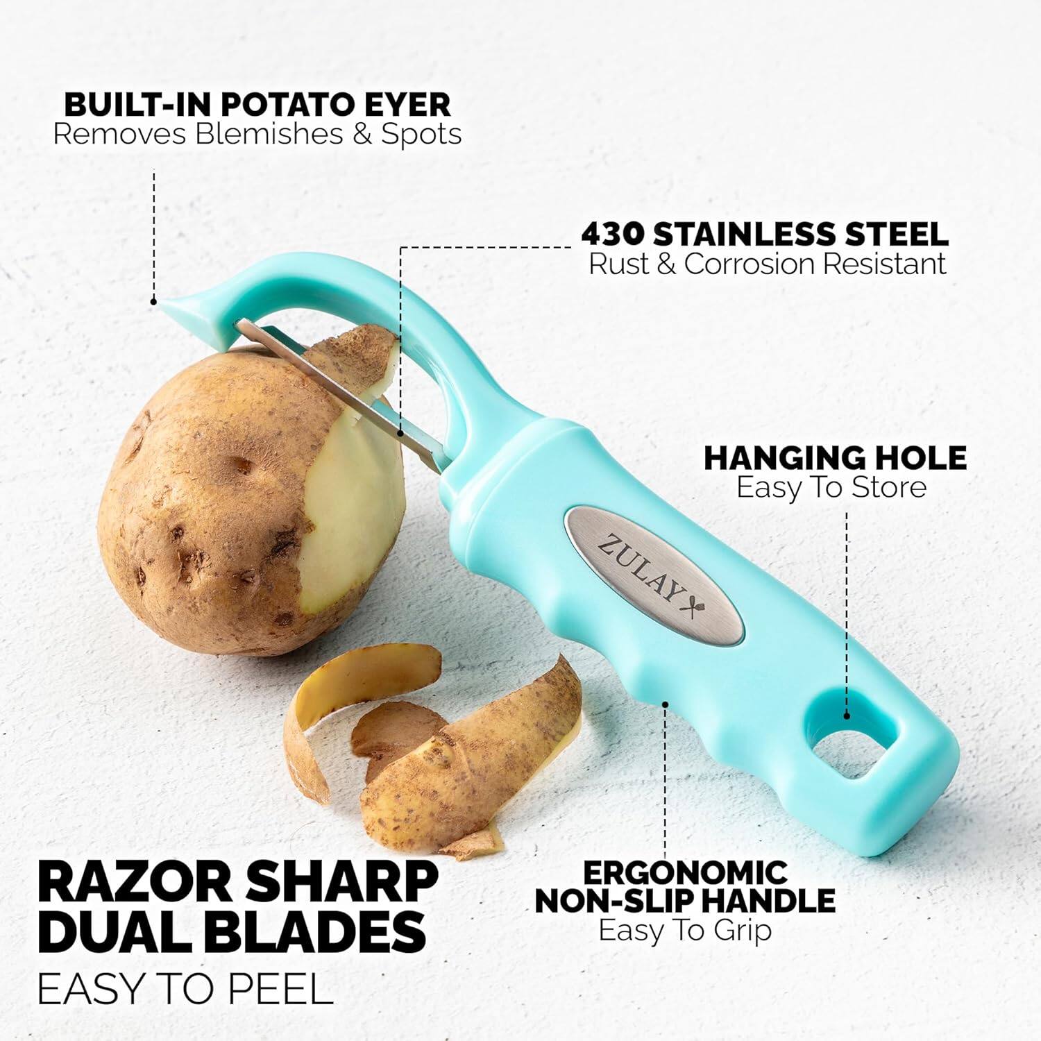 - Built-in potato eye remover, removes blemishes & spots
- 430 stainless steel, rust & corrosion resistant
- Hanging hole, easy to store
- Razor sharp dual blades, easy to peel
- Ergonomic non-slip handle, easy to grip