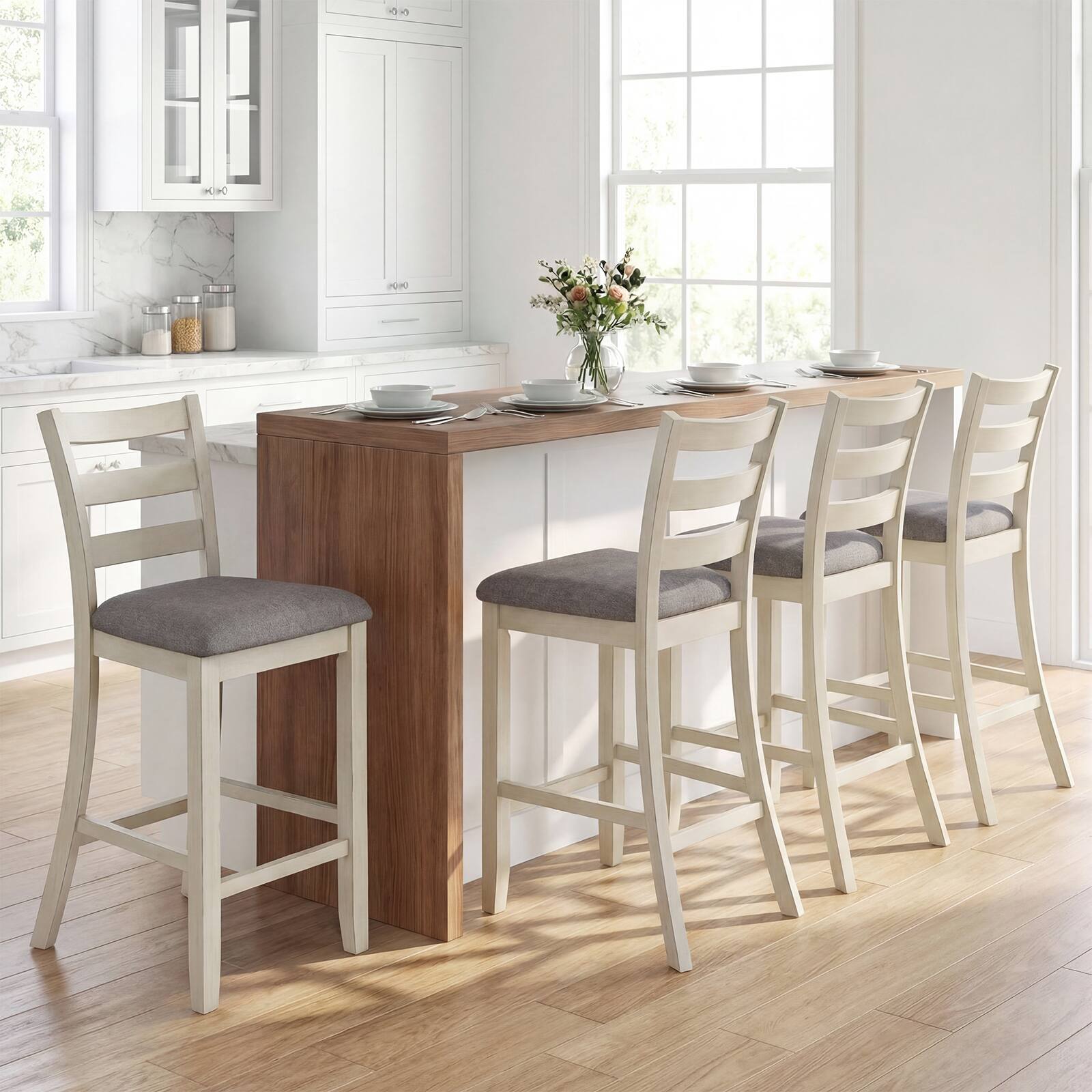 Alt View 1. Gymax - Gymax Bar Stools Set of 4 Upholstered Counter Height Barstools w/Padded Seat Footrest - Beige.