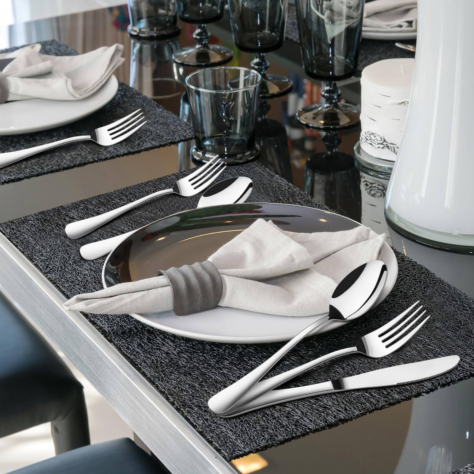 Left. Dazzed Corner - Silverware Set for 12, 60 Piece Heavy Duty Stainless Steel Flatware Utensils Cutlery Set Including Knife Fork  Spoon. - silvery.