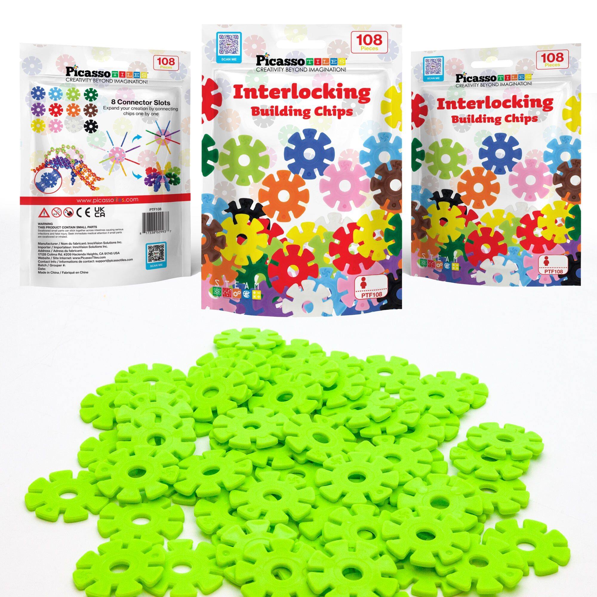 108 | Picasso 1  
CREATIVITY BEYOND IMAGINATION  
8 Connector Slots  
Expand your creation by connecting chips one by one  

www.picasso123.com  
PTF108  

Interlocking Building Chips  

108 Pieces  

Picasso  
CREATIVITY BEYOND IMAGINATION  

Interlocking Building Chips  

108 Pieces  

Picasso  
CREATIVITY BEYOND IMAGINATION  

Interlocking Building Chips  

108 Pieces  

PTF108