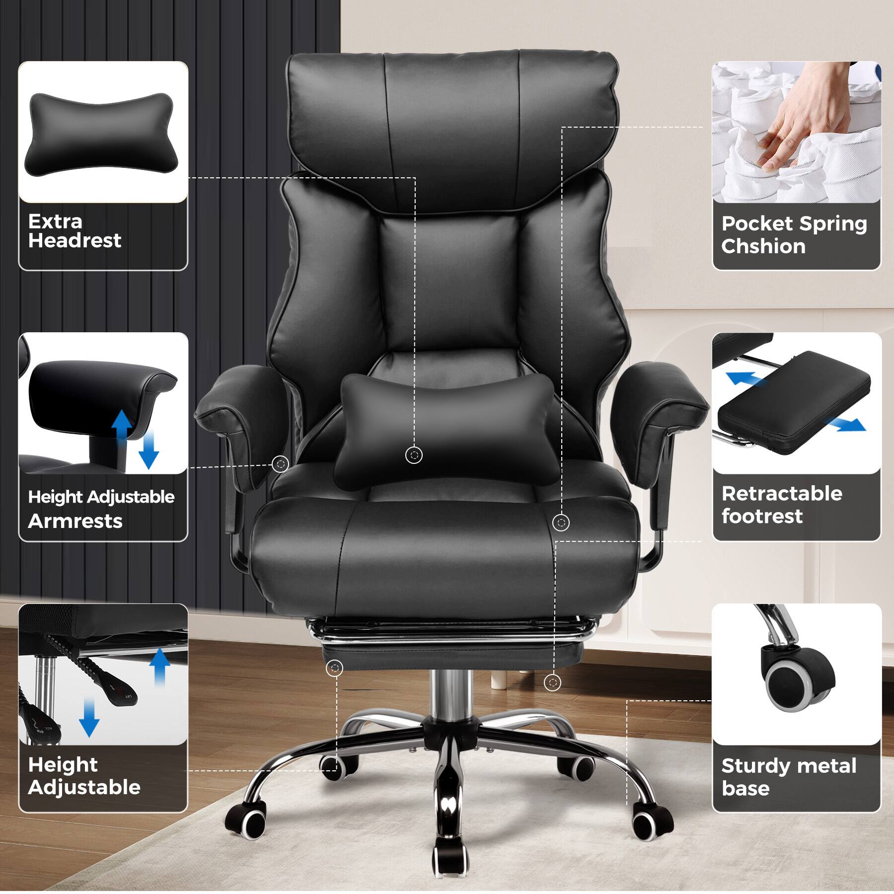 Extra Headrest, Pocket Spring Chshion, Height Adjustable Armrests, Retractable footrest, Height Adjustable, Sturdy metal base