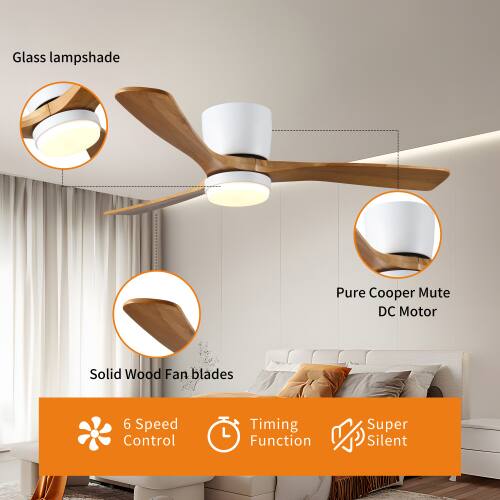 Glass lampshade  
Pure Copper Mute DC Motor  
Solid Wood Fan blades  
6 Speed Control  
Timing Function  
Super Silent